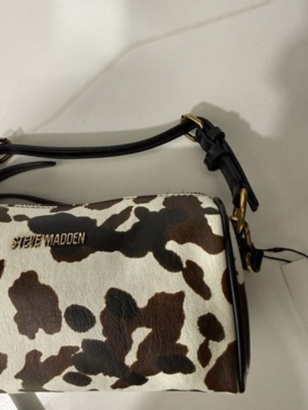 NWT Steve Madden Cow Print Barrel Crossbody Bag Brown White Cylinder Handbag - Picture 7 of 8